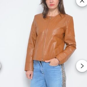 Apostrophe Genuine Leather Zipped Moto Jacket in Caramel Color